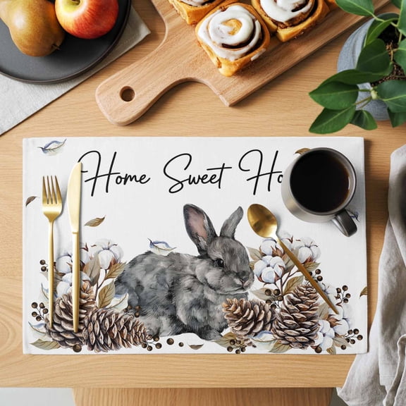 Gray Rabbits Placemats Set of 1, Cotton Pine Fruit Home Sweet Farm Animal Heat Insulated Linen Place Mats, Washable Stain-Proof Table Mats for Dining Tables Holiday Decor 13x19 Inches