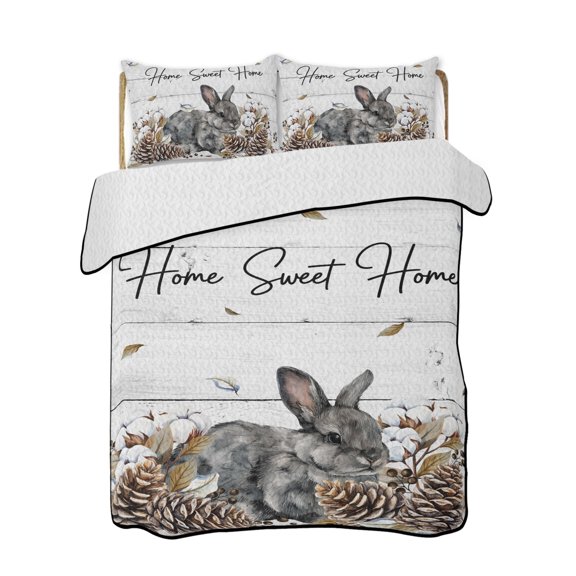 Gray Rabbits Quilts Bedding Set California King Cotton Pine Fruit Home Sweet White Wood Grain Lightweight Quilted Bedspread 3 Piece Bed Quilt with 2 Pillow Shams All Season for Bedroom 96" x 106"