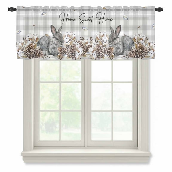 Gray Rabbits Semi Sheer Valance Curtains Cotton Pine Fruit Home Sweet Gray Plaid Voile Valances Curtain Rod Pocket Small Window Treatment for Kitchen Bathroom Cafe 42"x12"