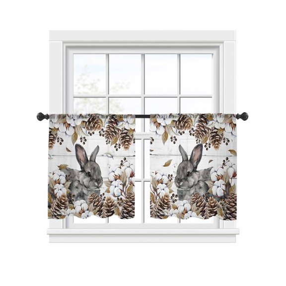 Gray Rabbits Sheer Curtains 2 Panels Set Cotton Pine Fruit Farm Animal White Wood Grain Sheer Window Curtains Light Filtering Rod Pocket Voile Drapes for Bedroom Living Room 52"x45"