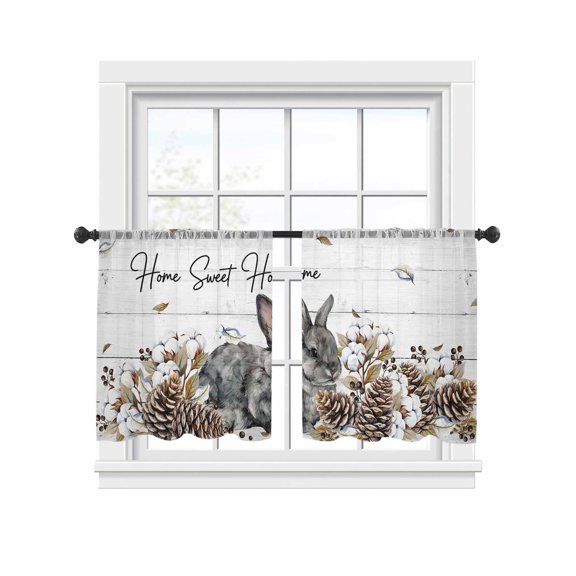 Gray Rabbits Sheer Curtains 2 Panels Set Cotton Pine Fruit Home Sweet White Wood Grain Sheer Window Curtains Light Filtering Rod Pocket Voile Drapes for Bedroom Living Room 52"x45"