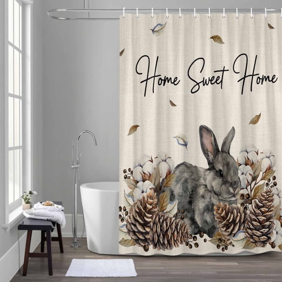 Gray Rabbits Shower Curtain for Bathroom Decor, Cotton Pine Fruit Home Sweet Linen Texture Waterproof Fabric Shower Curtain, 36"x72" Set with 12 Hooks