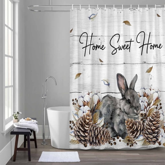 Gray Rabbits Shower Curtain for Bathroom Decor, Cotton Pine Fruit Home Sweet White Wood Grain Waterproof Fabric Shower Curtain, 36"x72" Set with 12 Hooks
