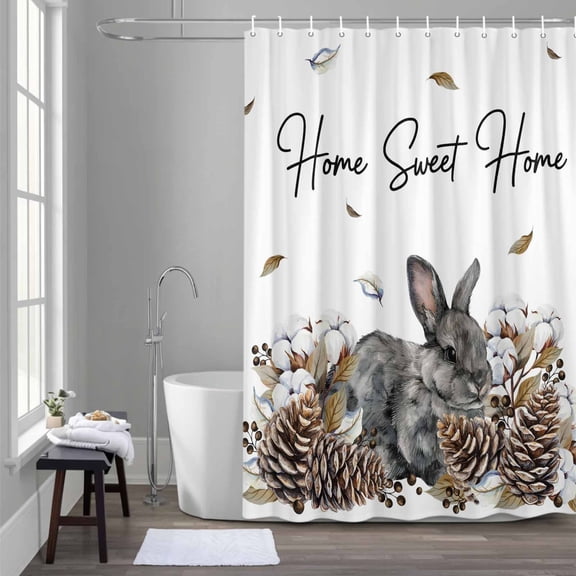 Gray Rabbits Shower Curtain for Bathroom Decor, Cotton Pine Fruit Home Sweet Farm Animal Waterproof Fabric Shower Curtain, 36"x78" Set with 12 Hooks