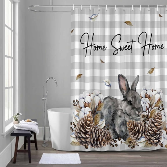 Gray Rabbits Shower Curtain for Bathroom Decor, Cotton Pine Fruit Home Sweet Gray Plaid Waterproof Fabric Shower Curtain, 36"x78" Set with 12 Hooks
