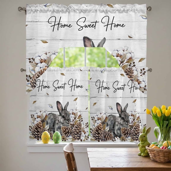 Gray Rabbits Swag Curtains Valance & Tier Set, Cotton Pine Fruit Home Sweet White Wood Grain 3 Pcs Set Kitchen Swag Valances and Tiers 36 Inch Length Rod Pocket Curtain Drapes for Bedroom