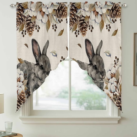 Gray Rabbits Swag Kitchen Curtain Valances, Cotton Pine Fruit Farm Animal Linen Texture Rod Pocket Curtains Window Treatment Decor Valances for Bedroom Bathroom, 2 Panels 36 x 63 Inch