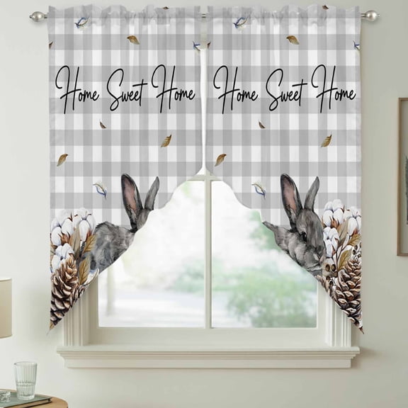 Gray Rabbits Swag Kitchen Curtain Valances, Cotton Pine Fruit Home Sweet Gray Plaid Rod Pocket Curtains Window Treatment Decor Valances for Bedroom Bathroom, 2 Panels 28 x 36 Inch