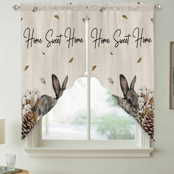 Gray Rabbits Swag Kitchen Curtain Valances, Cotton Pine Fruit Home Sweet Linen Texture Rod Pocket Curtains Window Treatment Decor Valances for Bedroom Bathroom, 2 Panels 28 x 36 Inch