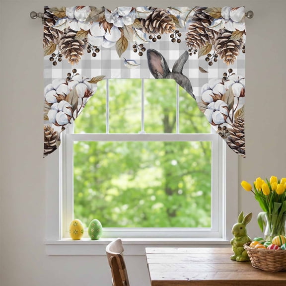 Gray Rabbits Swag Valances for Kitchen Window, Cotton Pine Fruit Farm Animal Gray Plaid Small Swag Valances Rod Pocket Curtain Drapes Window Treatment for Bedroom Bathroom, 56x36 Inch