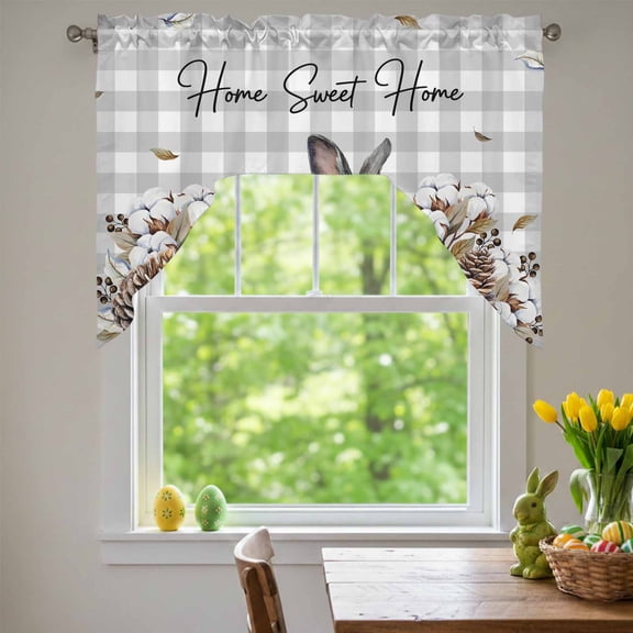 Gray Rabbits Swag Valances for Kitchen Window, Cotton Pine Fruit Home Sweet Gray Plaid Small Swag Valances Rod Pocket Curtain Drapes Window Treatment for Bedroom Bathroom, 56x36 Inch