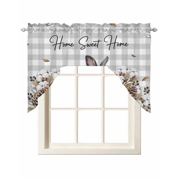 Gray Rabbits Swag Valances for Windows 56 x 36 Cotton Pine Fruit Home Sweet Gray Plaid Rod Pocket Light Filtering Window Topper for Kitchen Bathroom Bedroom Living Room
