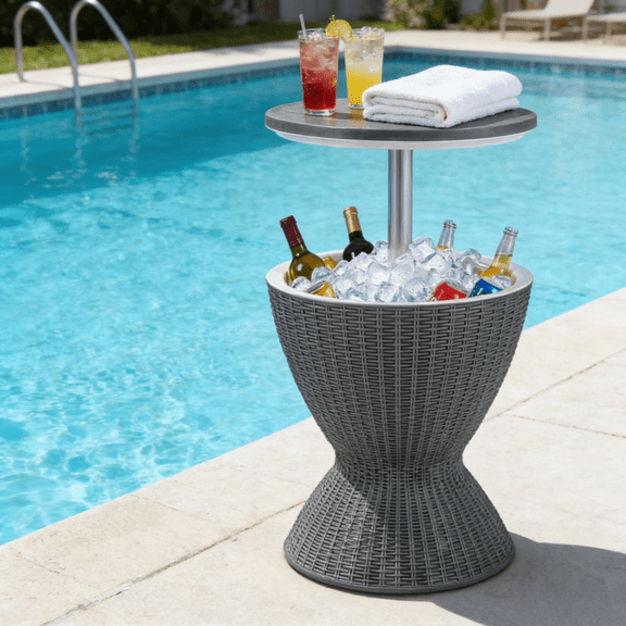 Gray Rattan Ice Cooler Side Table 19In 8Gal Adjust Height 22In Patio Wicker Beverage Cooler Bar Table Drain Plug Backyard Pool Deck Entertaining PP Storage Container Portable Party Drink Outdoor Use