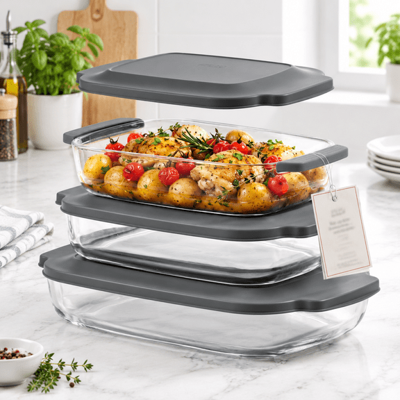 Gray Rectangular Glass Baking Dish Set with Lids, 3-Piece Stackable Oven-Safe Casserole Dishes