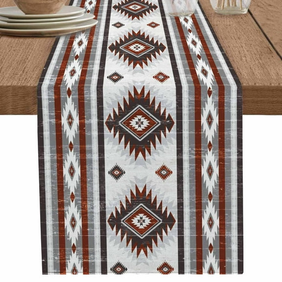 Gray Red Boho Aztec Geometric Table Runner-70 Inch Long Abstract Ethnic Wind Table Runners Linen Burlap Tablerunner for Kitchen Dining Room Holiday Party