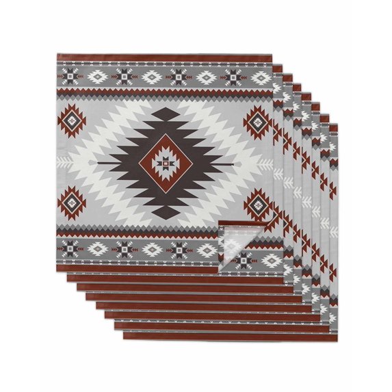 Gray Red Boho Cloth Napkins Set of 8 Reusable Dinner Napkins, Southwestern Ethnic Abstract Geometric Cocktail Napkin Washable Table Napkins for Wedding/Holiday Party/Baby Shower 20"x20"