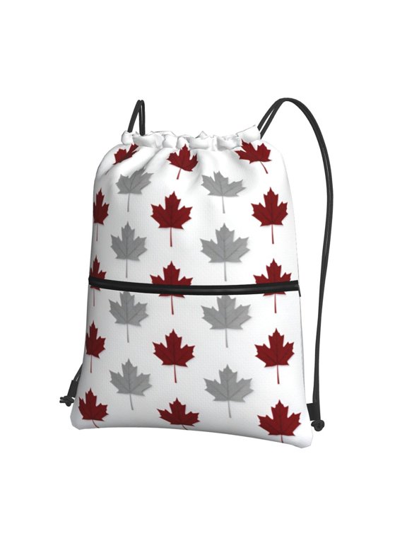Gray Red Canada Maple Leaf Drawstring Backpack Bag Water Resistant Yoga Shopping Cinch Bag Sackpack For Men Women