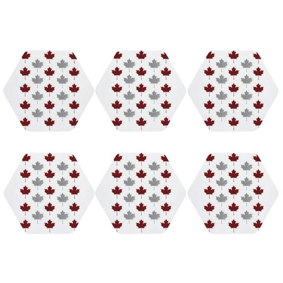 Gray Red Canada Maple Leaf Leather Coasters for Drinks Perfect for Living Room, Kitchen, or Outdoor Use Set of 6 Hexagon