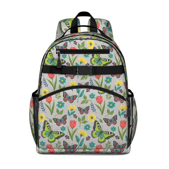 Gray Red Flower Butterfly Pattern Cute School Backpack Bag for School with Padded Back and Adjustable Shoulder Straps 15.25"x11.5"x5.25"