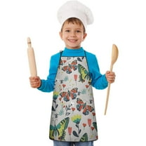 Gray Red Flower Butterfly Pattern Kids Aprons for Girls and Boys,Adjustable Neck Strap Toddler Aprons for Kids Cooking Baking