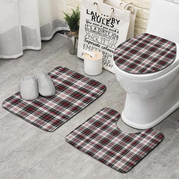Gray Red Plaid Checkered Pattern Bathroom Rugs Sets 3 Piece,Toilet Cover Set,Absorbent Non Slip Bathroom Mats Sets with U-Shaped Contour Rug Toilet Rug Set