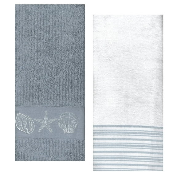 Gray Ribbed Bath Hand Towel Sea Shells, 2 Piece, White with Stripes Bathroom The Big One
