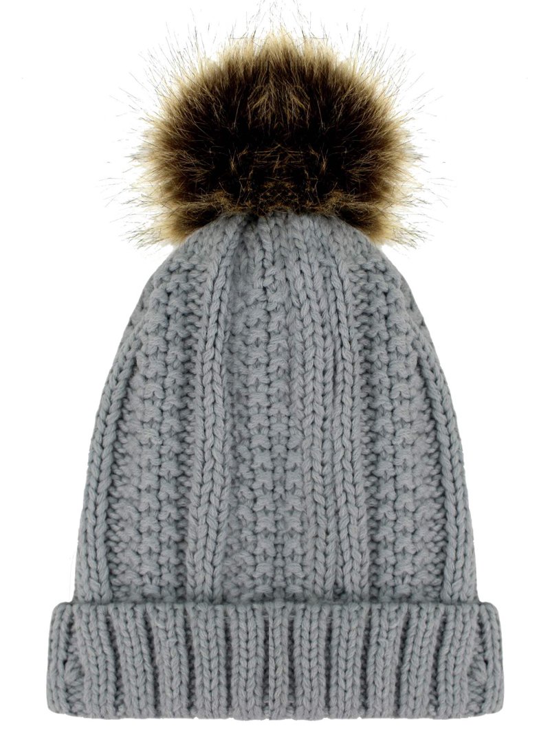 Gray Ribbed Knit Faux Fur Lined Beanie Cap Hat With Fur Pom  display picture 2
