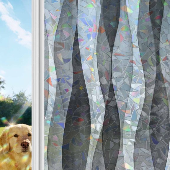 Gray Ripple Rainbow Window Privacy Film, Abstract Gradient Watercolor Modern Stained Glass Window Film, Sun Blocking Glass Clings Static Cling Non Adhesive Door Stickers 17.7 x 78.7 Inches