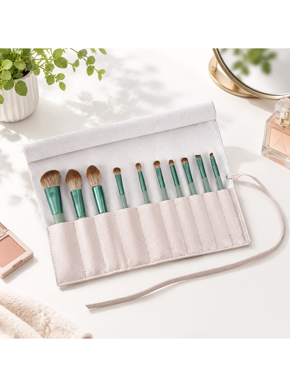 Gray Roll Up PU Leather Makeup Brush Travel Holder Organizer Pouch Bag