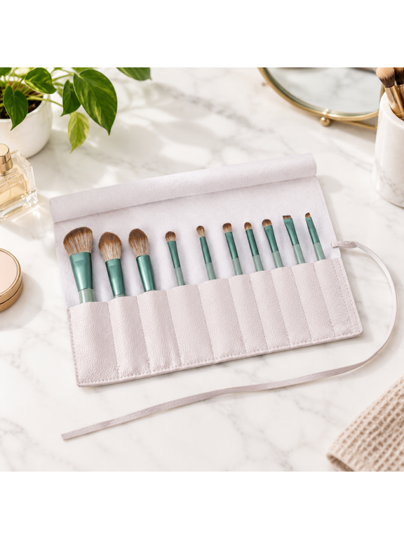 Gray Roll Up PU Leather Makeup Brush Travel Organizer Pouch Bag