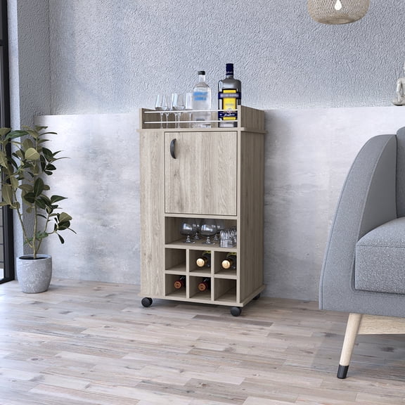 Gray Rolling Beverage Cart - 6 Wine & Storage Unit Bar Bottles Elegant Appearance