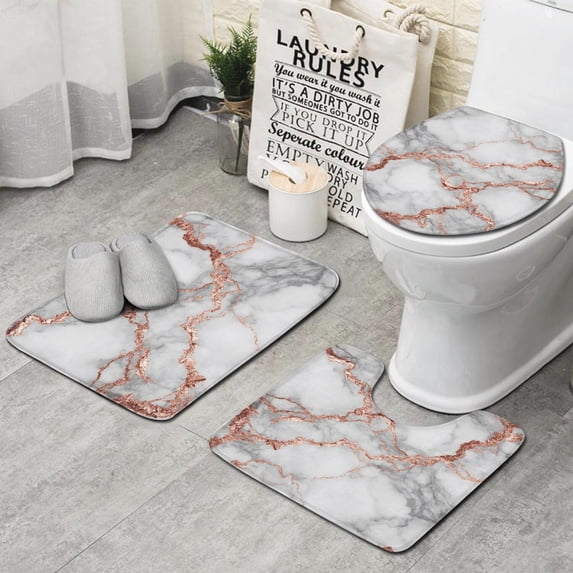 Gray Rose Gold Marble Pattern Bathroom Rugs Sets 3 Piece,Toilet Cover Set,Absorbent Non Slip Bathroom Mats Sets with U-Shaped Contour Rug Toilet Rug Set