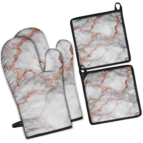 Gray Rose Gold Marble Pattern Kitchen Oven Mitt and Pot Holder Sets 2 Pcs for Baking, Cooking and Grilling, Heat Resistant Up To 392 °F