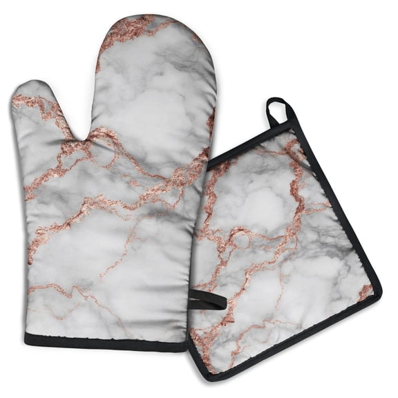 Gray Rose Gold Marble Pattern Kitchen Oven Mitt and Pot Holder Sets 4 Pcs for Baking, Cooking and Grilling, Heat Resistant Up To 392 °F