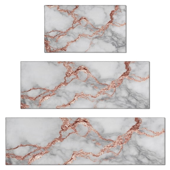 Gray Rose Gold Marble Pattern Kitchen Rugs Sets Of 3,Kitchen Runner Rugs Non Skid Washable,Decorative Kitchen Floor Mats for Kitchen,Sink,Laundry,17"x30"+ 17"x47" + 17"x59"