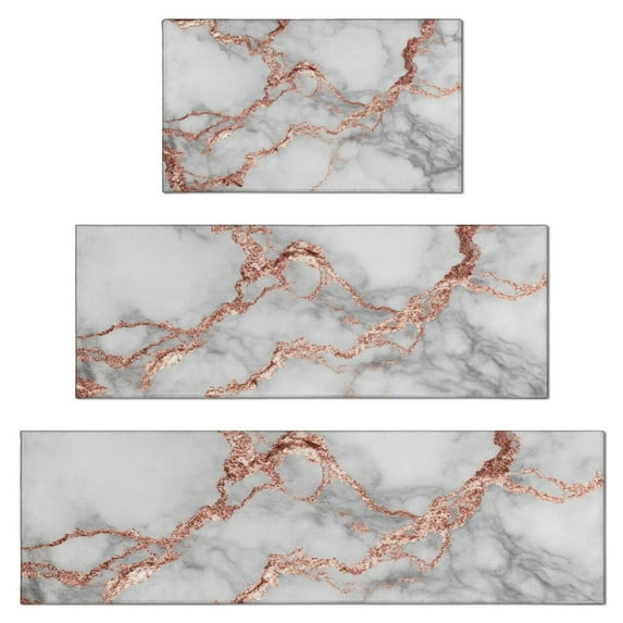 Gray Rose Gold Marble Pattern Kitchen Rugs Sets Of 3,Kitchen Runner Rugs Non Skid Washable,Decorative Kitchen Floor Mats for Kitchen,Sink,Laundry,17"x30"+ 17"x47" + 17"x59"