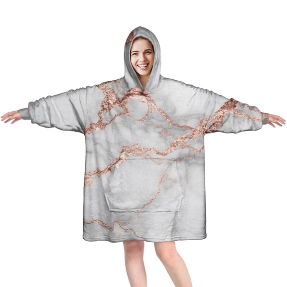 Gray Rose Gold Marble Pattern Wearable Oversized Blanket,Wearable Blanket Hoodie for Adults,Cozy Hooded Blankets with Super Pockets,Super Warm Fuzzy Pullover for Women & Men