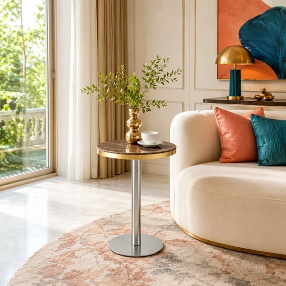 Gray Round End Table 23.6 Inch MDF Marble Look Top with Metal Legs for Living Room