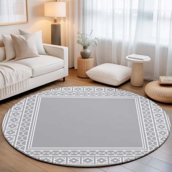 Gray Round Living Room Rugs 3.3 ft, Boho Diamond Pattern Border Rustic Southwestern Washable Area Rug with Non-Slip Sturdy Edge Binding Round Front Door Mat Floor Carpet for Entryway