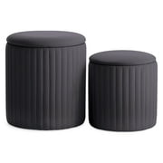 Gray Round Ottoman,Set of 2 Vanity Stool Chair,Boucle Upholstered Tall Ottomans Chair with Storage,Multifunctional Coffee Table with Removable Lid