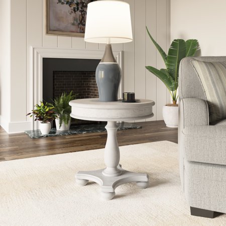 Gray Round Solid Wood Telephone Table - 24" Size, Coastal Theme, Easy Assembly From Depth, Beauty, Setup