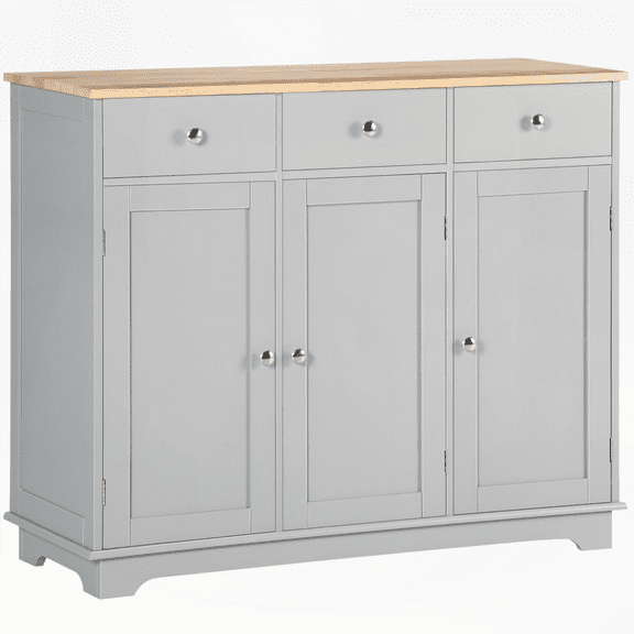 Gray Rubberwood Top Sideboard Buffet Cabinet with Drawers & Adjustable Shelves - Kitchen, Living Room Storage