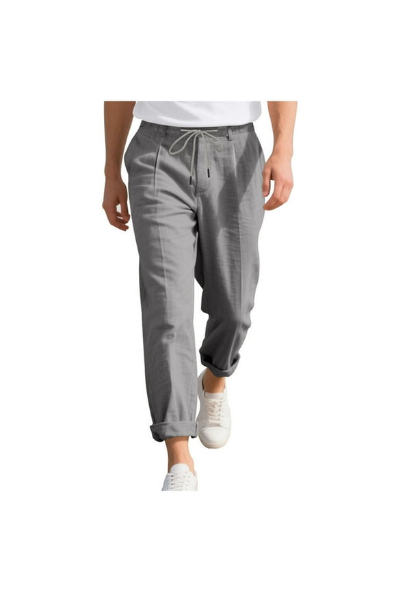Gray Ruched Paperbag Straight Leg Plain Long Leg Brunch Pants for Man Summer Fall Faux Gauze Linen Pants Man 2026 Clothing S