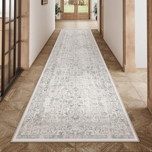 Gray Runner Rug 2x14 Hallway Machine Washable Kitchen Vintage Distressed Non Slip Long Carpet Indoor Grey Retro Floral Bedroom Accent Throw Rug for Bathroom Office Laundry Dining Living Room
