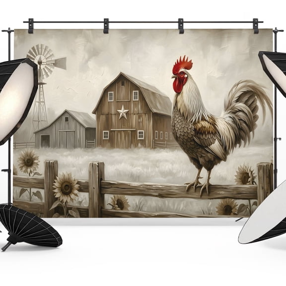 Gray Rustic Rooster Backdrops for Photography, Brown Barn Farmhouse Animal Pattern Country Farm Fabric Photo Background Sturdy Studio Props for Photo Studio, Video Recording, Booth & Photoshoot 7x5ft