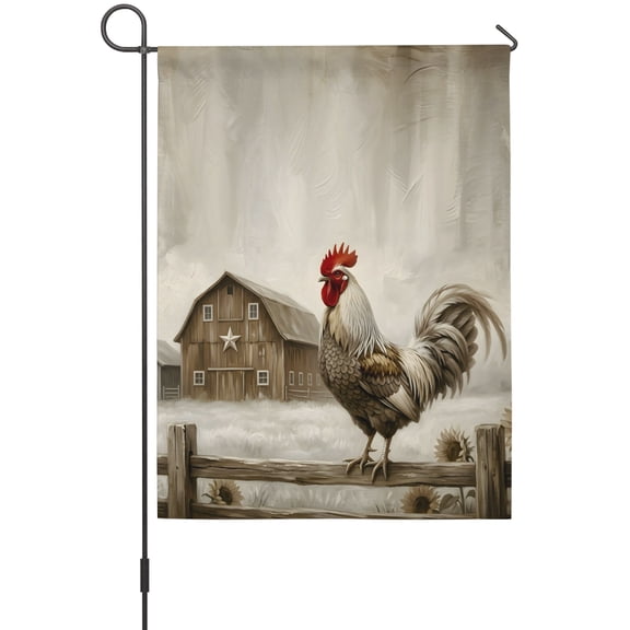 Gray Rustic Rooster Garden Flag 12 x 18 Inches, Brown Barn Farmhouse Animal Country Farm Weather Proof Outdoor Patio Flags Double Sided Small Garden Decoration for Yard Outside Home