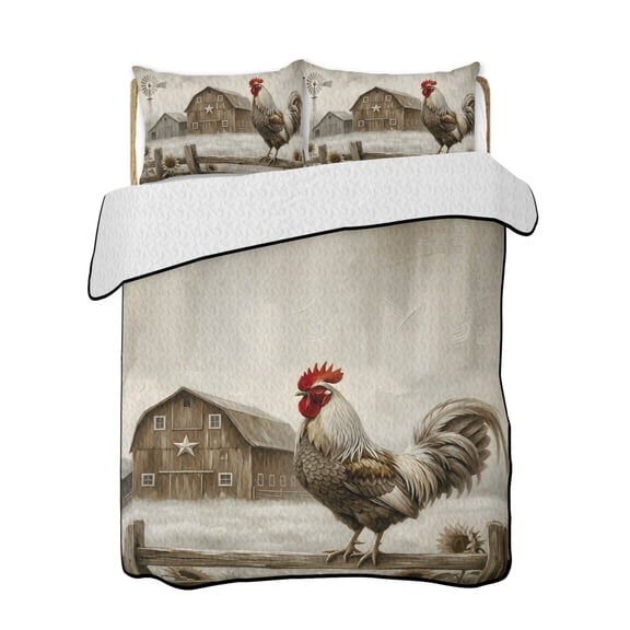 Gray Rustic Rooster Quilts Bedding Set King Size Brown Barn Farmhouse Animal Country Farm Lightweight Quilted Bedspread 3 Piece Bed Quilt with 2 Pillow Shams All Season for Bedroom 90" x 96"