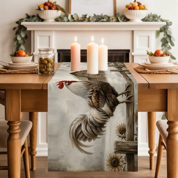 Gray Rustic Rooster Table Runner 13x36 Inch Brown Barn Farmhouse Animal Country Farm Cotton Linen Dining Table Runner Ideal for Dresser Kitchen Coffee Tables - Machine Washable