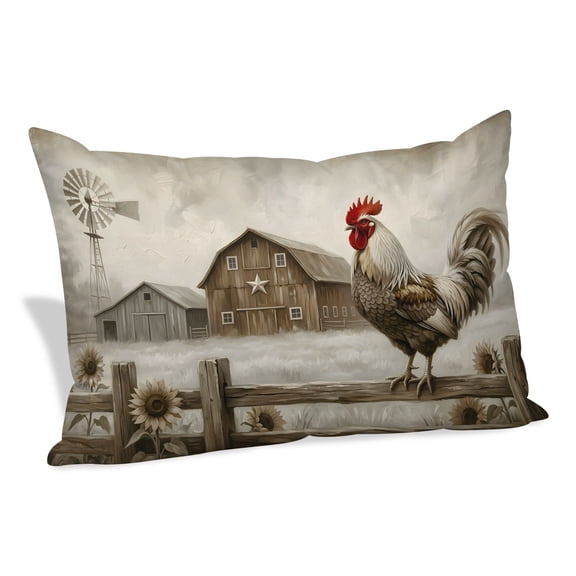 Gray Rustic Rooster Throw Pillow Covers, Brown Barn Farmhouse Animal Country Farm Decorative Lumbar Throw Pillowcase Cushion Cover with Smooth Hidden Zipper for Bedroom Sofa 16 x 24 Inches