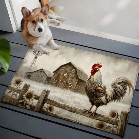 Gray Rustic Rooster Washable Entry Rug 2x3 Brown Barn Farmhouse Animal Country Farm Low Pile Indoor Door Mat with Rubber Backing Thin Area Rug for for Entrance, Bedroom, Kitchen, Laundry, Bathroom